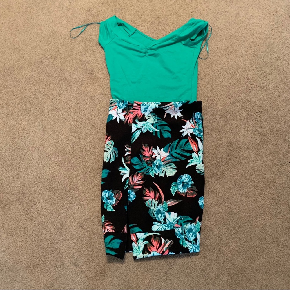 Teal shirt & Black and teal skirt